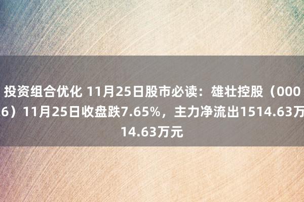 投资组合优化 11月25日股市必读：雄壮控股（000626）11月25日收盘跌7.65%，主力净流出1514.63万元